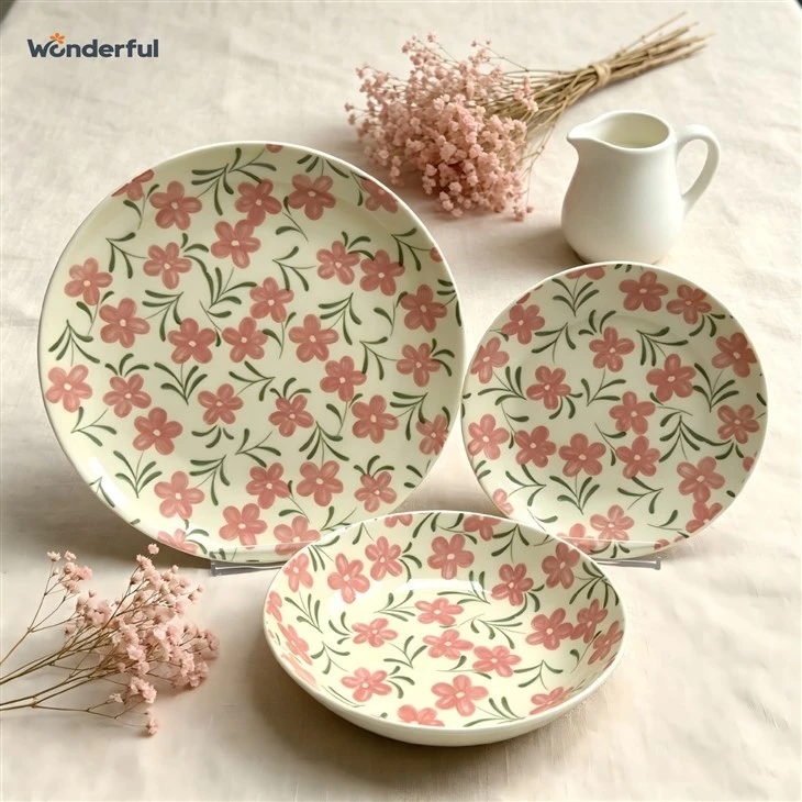 Elegant Pink Floral Printed Ceramic Tableware Set suppliers